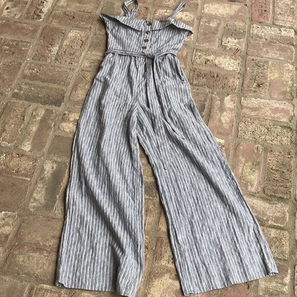 American Eagle Outfitters Sleeveless Blue & White Belted Wide Leg Romper Size 0 - Picture 2 of 15